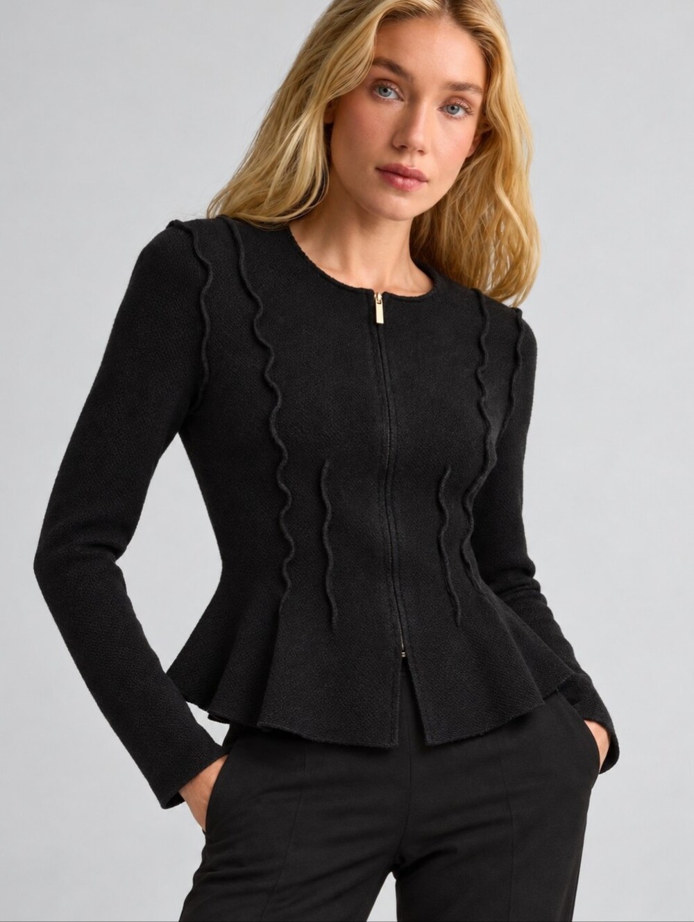 St. John Black Ruffle Trim Zip-Up Wool Knit Sweater Jacket Size 6